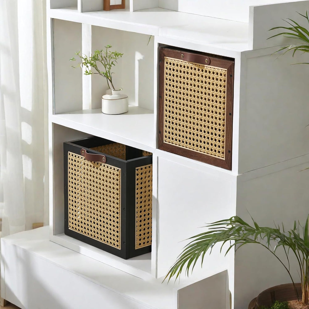 2PCS Rattan Storage Cubes Decorative Handmade Wooden Basket Box