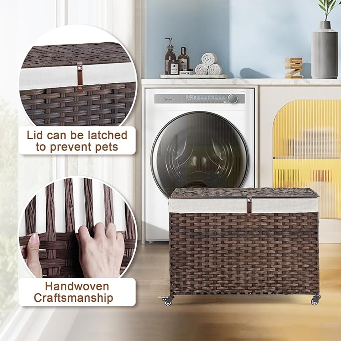 Rolling Storage Basket with Lid, 47.6 Gallon Storage Bin with Wheels, Woven