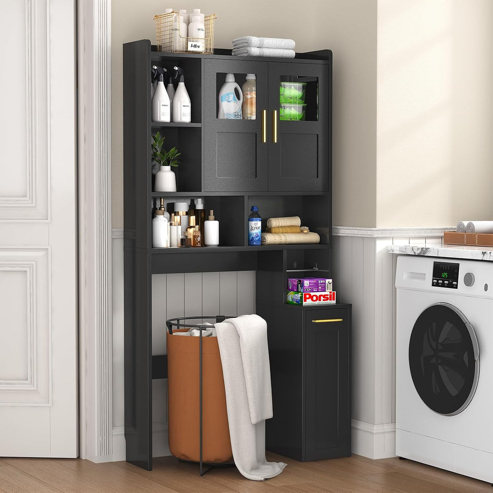 Over The Toilet Storage Cabinet with Pulley & Acrylic Doors, Black