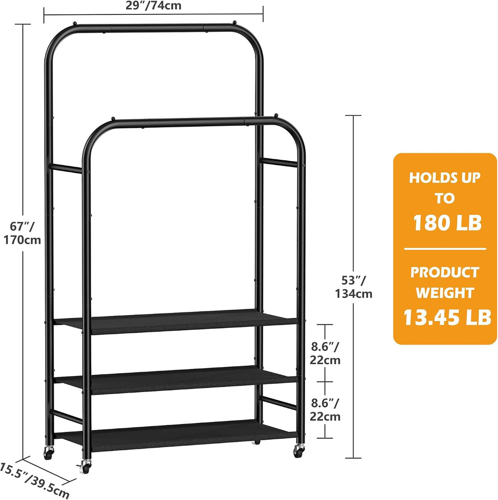 HOMIDEC Clothes Rack,Double Rods Clothing Rack with 3 Tier Shelve&Wheels
