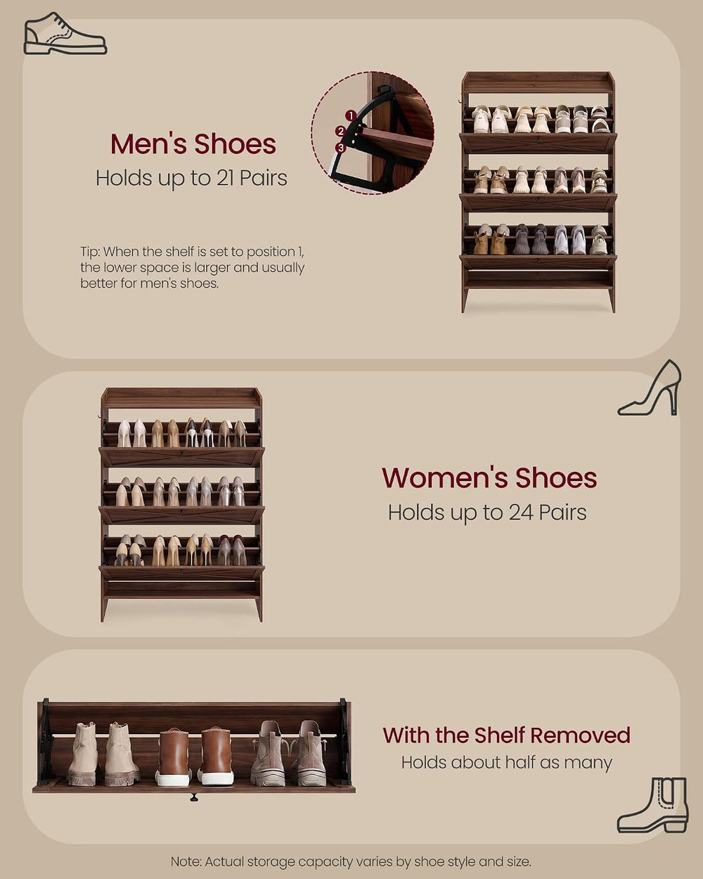 VASAGLE Narrow Shoe Storage Cabinet Organizer with 3 Flip Drawers