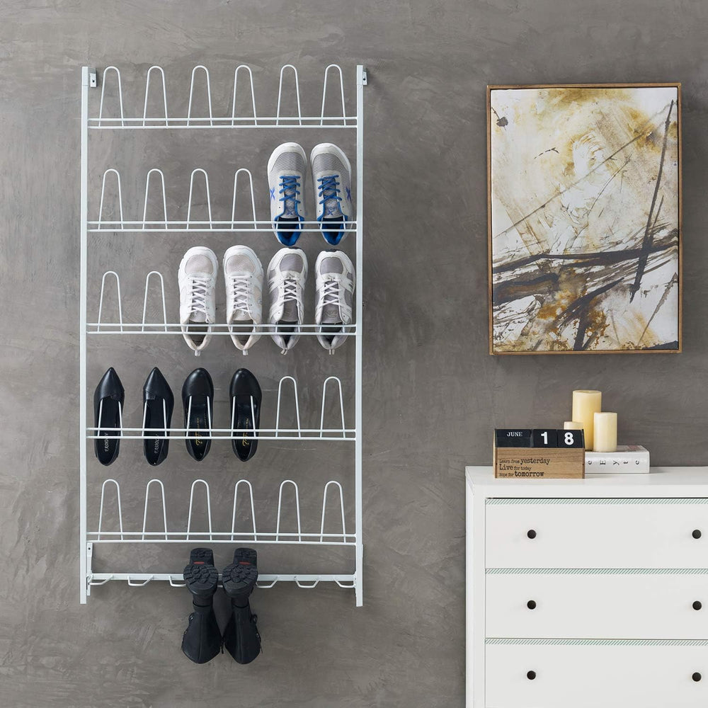 MyGift Matte White Metal Wall Mounted Shoe Rack, Holds 18 Pairs
