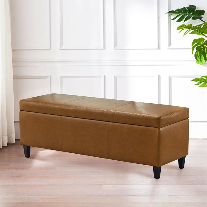 HUIMO Faux Leather Storage Ottoman Bench 50.3 Inch Extra Long PU Upholstered