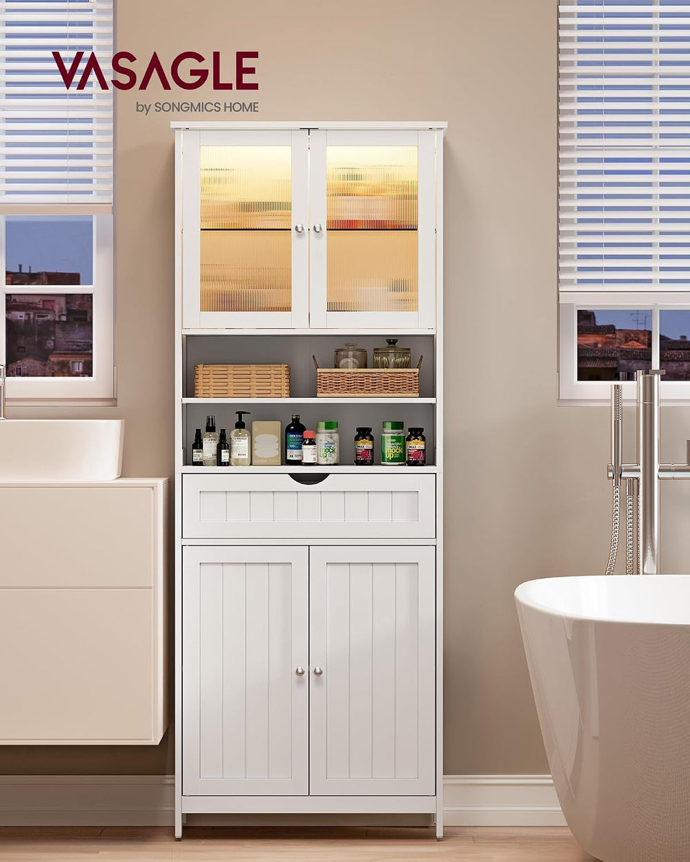 VASAGLE Storage Cabinet with LED Lights, Freestanding, Open Compartments