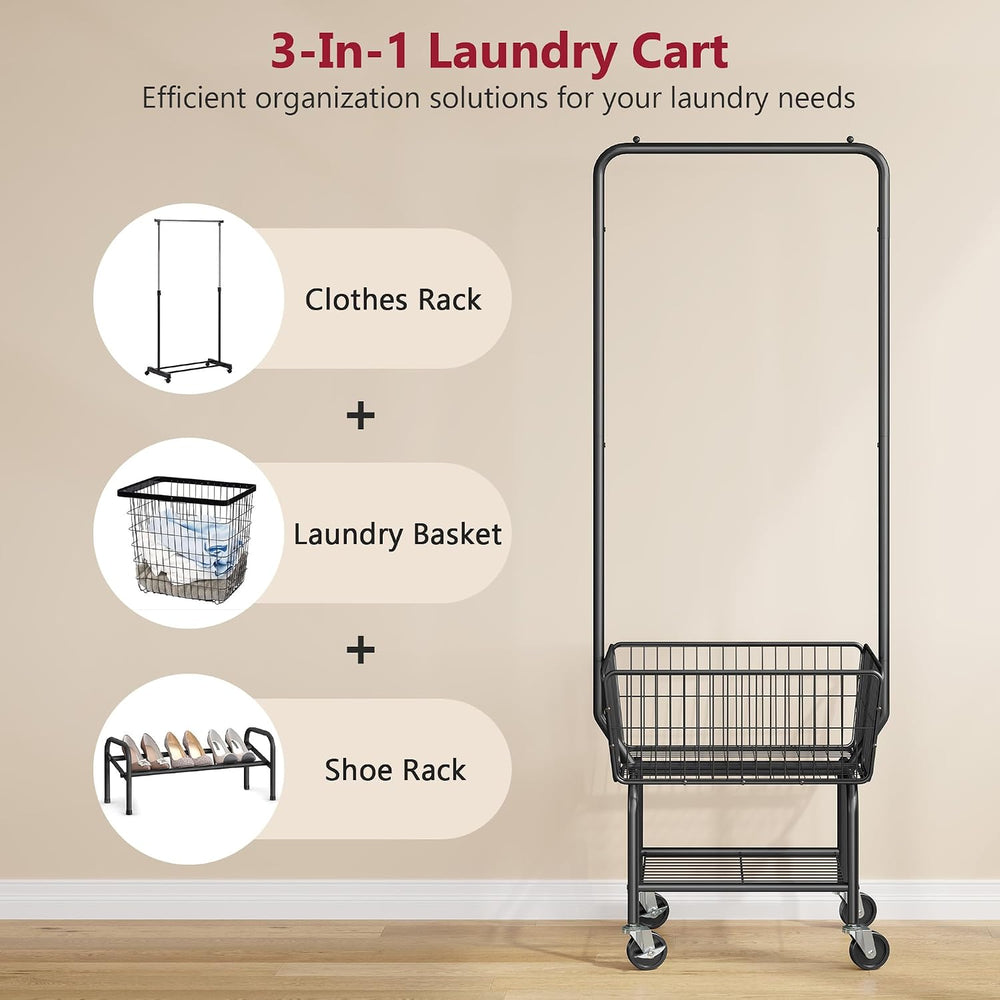 Tajsoon Rolling Laundry Cart with Hanging Rack & Laundry Basket, Black
