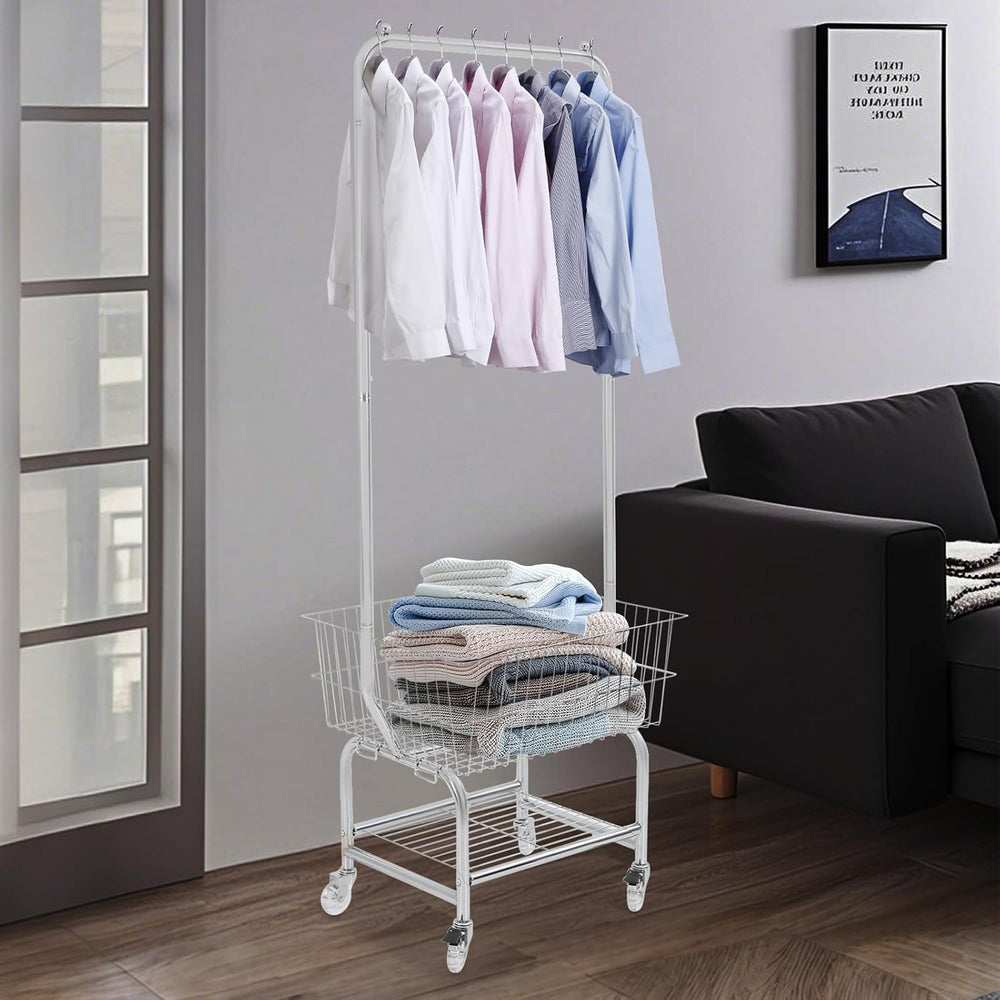 Laundry Cart with Hanging Rack, Metal Garment Organizer with Basket and Shelv...