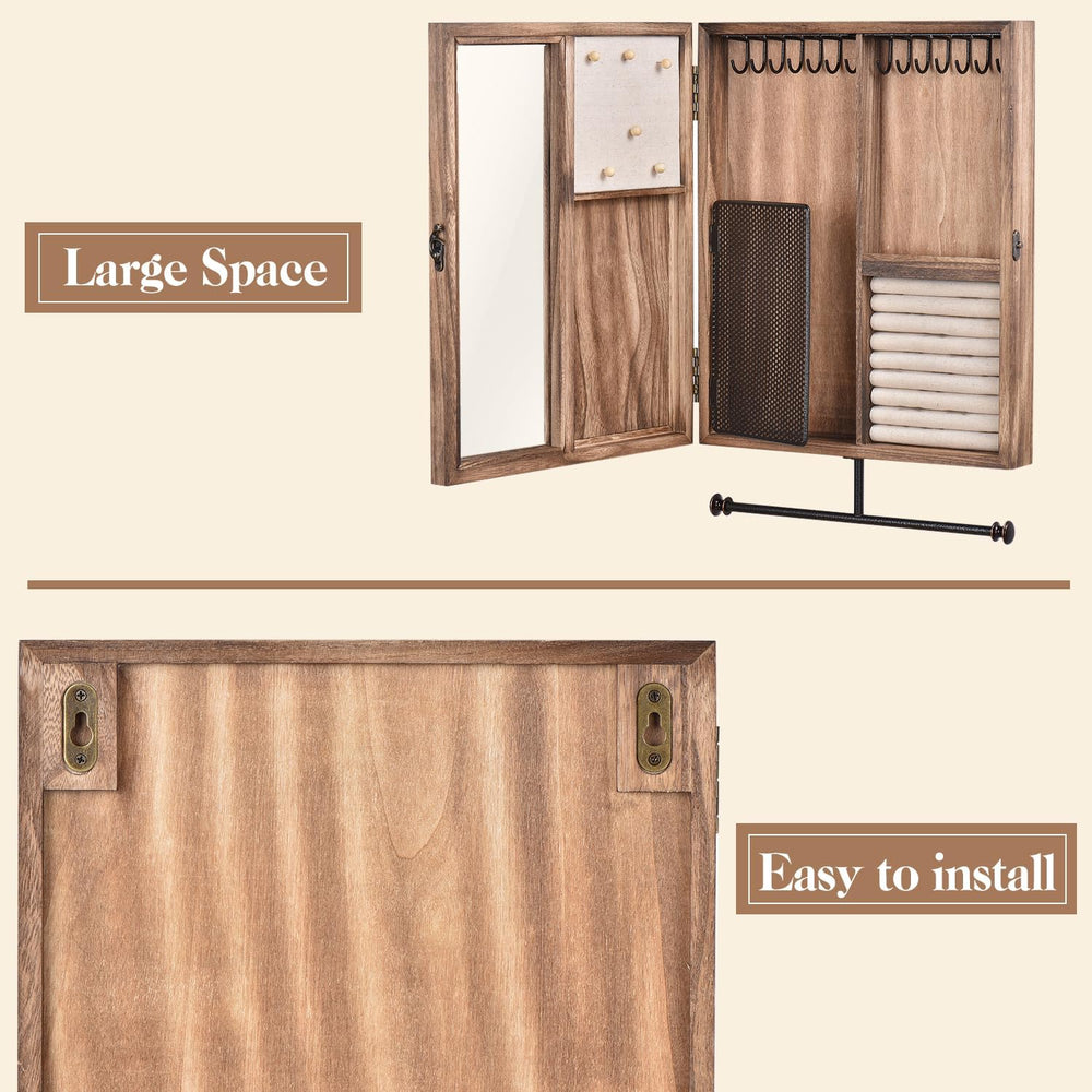 Wall Mounted Jewelry Organizer Box Rustic Wood Large Space Jewelry Cabinet Ho...