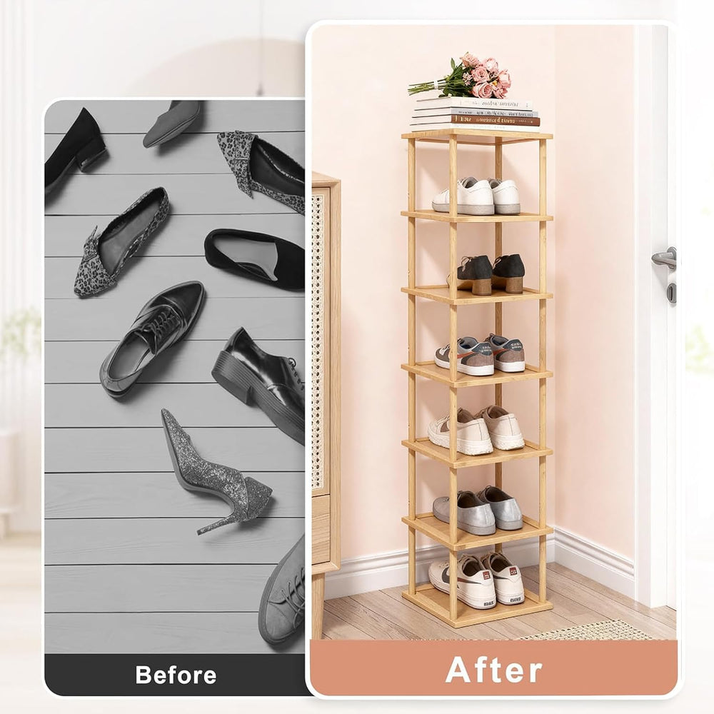 Aniston 7 Tier Bamboo Shoe Rack, Free Standing Slim Narrow Shoe Storage, Vert...