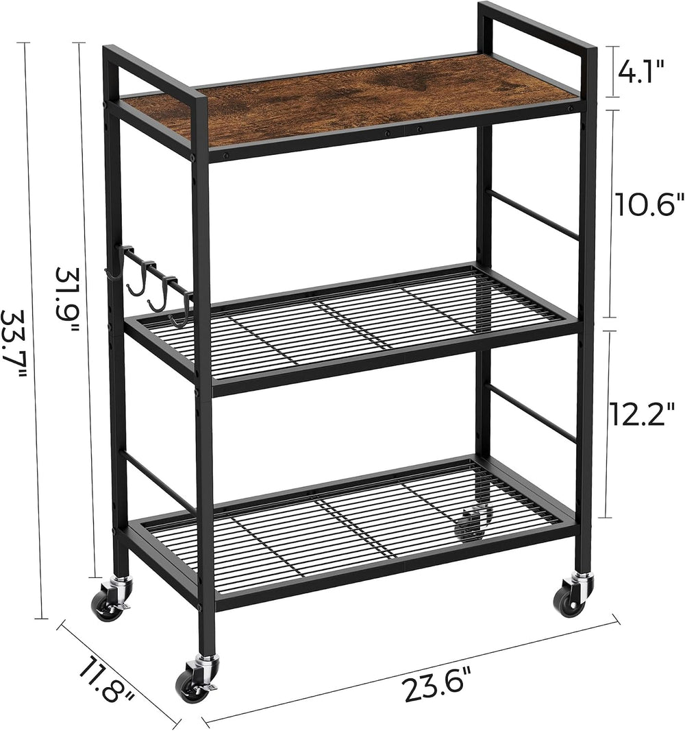3-Tier Metal Storage Rack with Industrial Wheels,Mesh Shelving Unit with Wood...