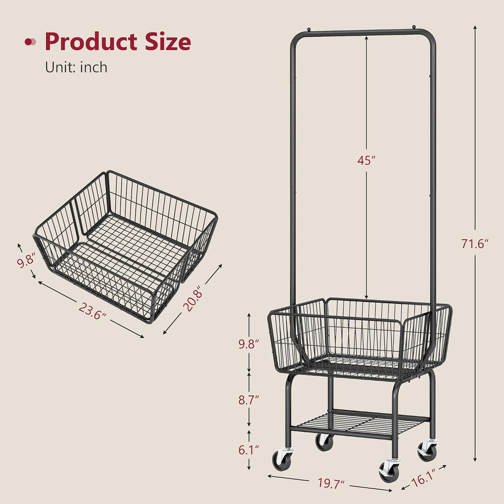 Tajsoon Rolling Laundry Cart with Hanging Rack & Laundry Basket, Black