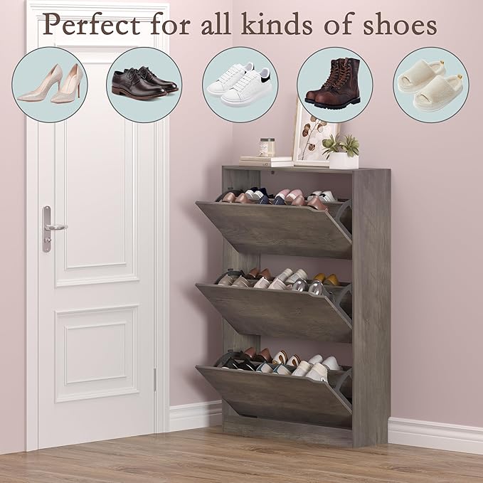 Shoe Cabinet with 3 Flip Drawers, Hidden Wood Shoe Cabinet, Freestanding Shoe