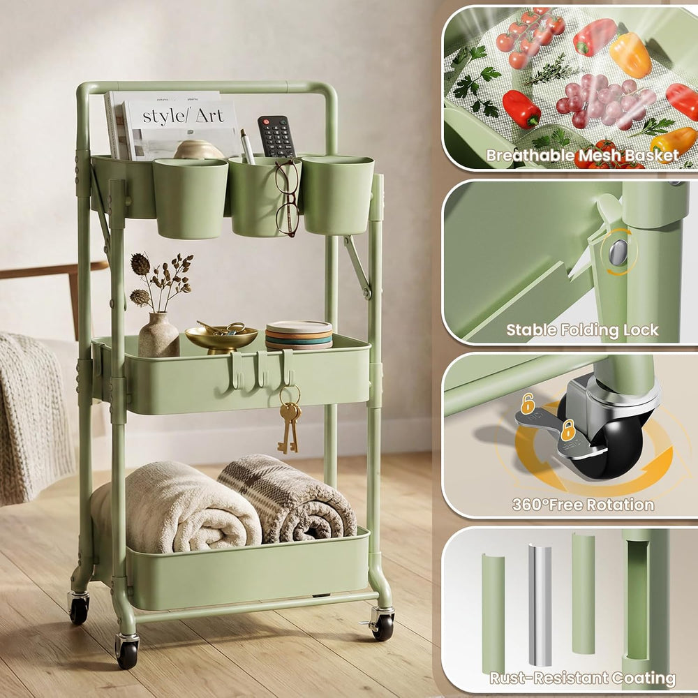 Foldable 3 Tier Rolling Cart, Metal Utility Cart with Wheels