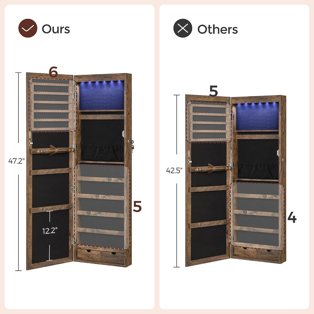 SONGMICS 6 LEDs Mirror Jewelry Cabinet, 47.2-Inch Tall, Lockable