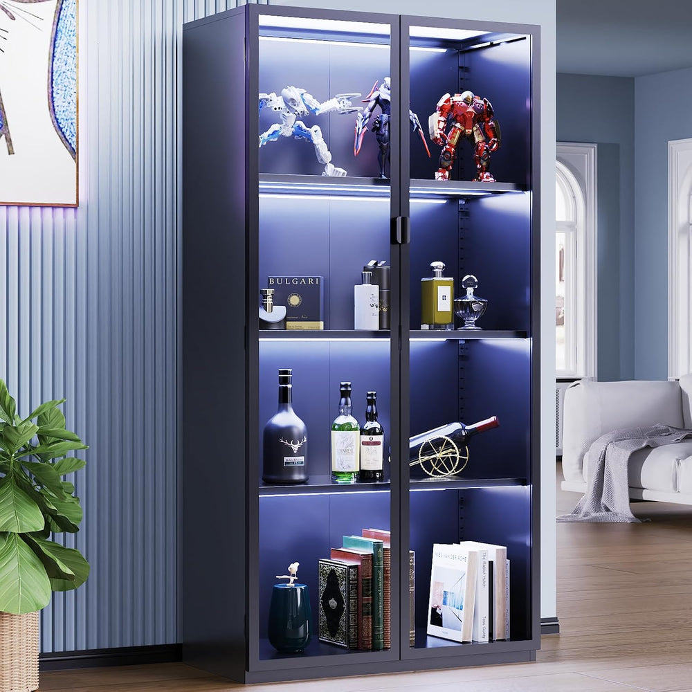 Display Cabinet with Glass Doors,4-Tier Curio Cabinet with Lights