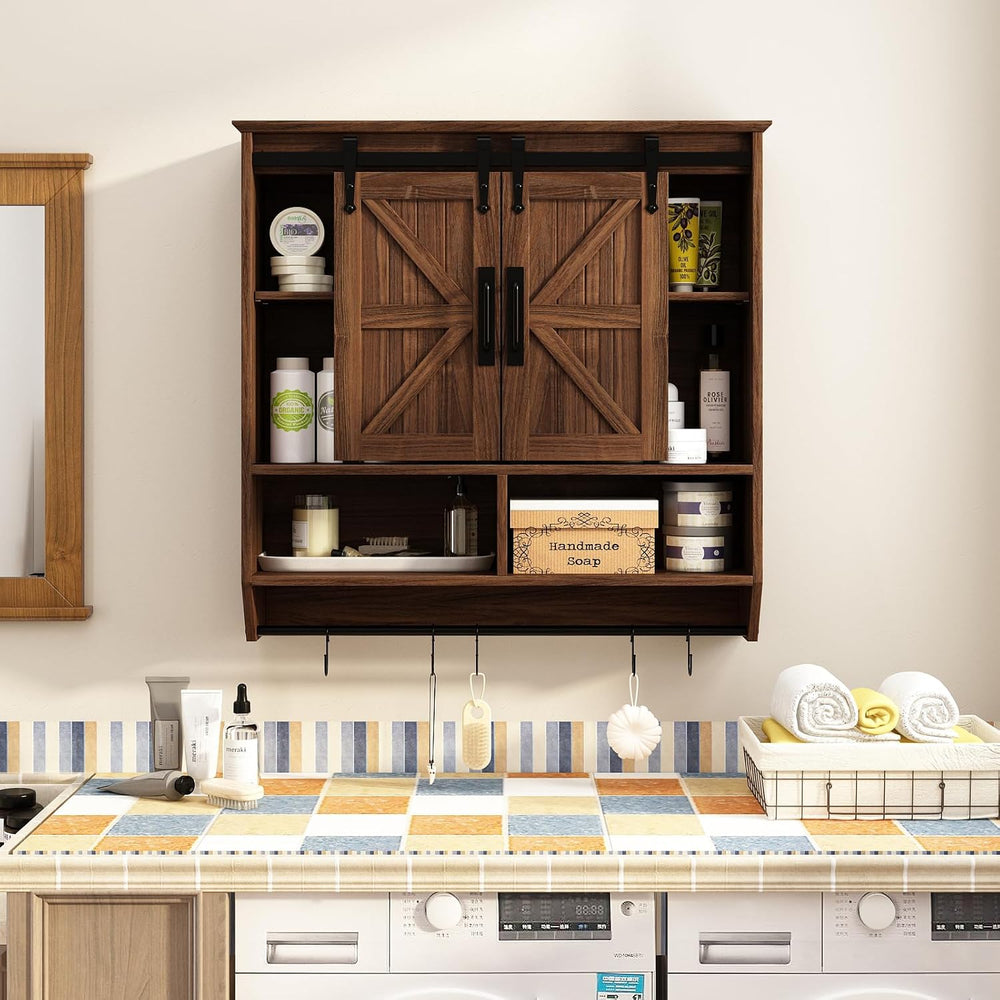 RUSTOWN Farmhouse Bathroom Wall Storage Cabinet with Sliding Barn Doors