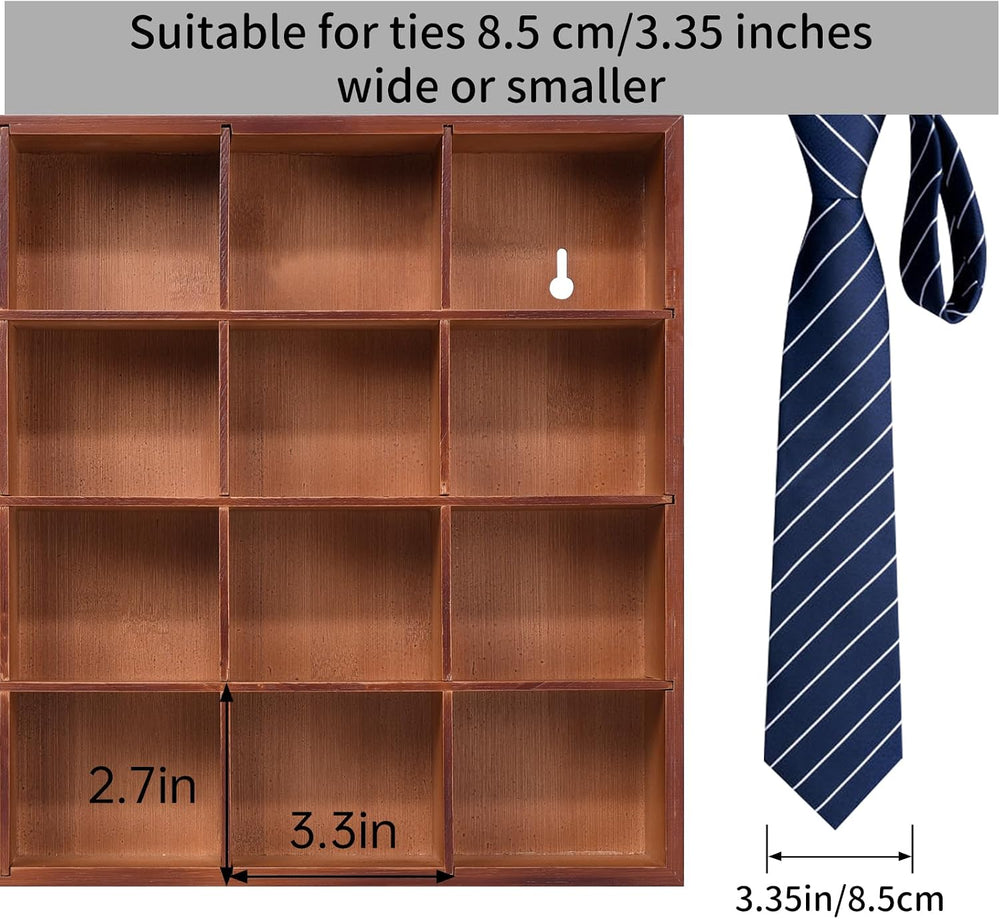 Wall Mounted Tie Rack - 16 Compartment Tie Organizer with Display Racks for B...