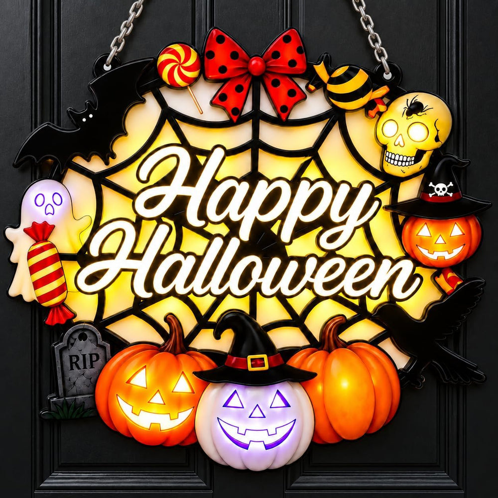 Happy Halloween Acrylic Hanging Sign for Front Door (Pumpkin Spider Light)