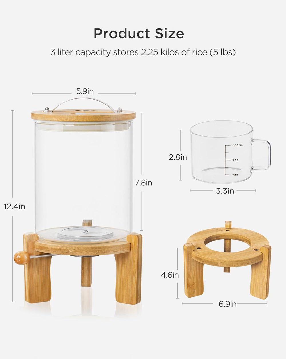 HBlife 5-7 Lbs Glass Rice Dispenser with Wooden Stand Flour and Cereal Contai...