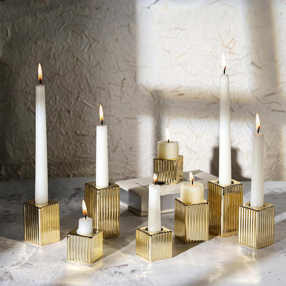 LETINE 12pcs Gold Vertical Stripe Glass Candlestick Holders - Chic Taper Cand...