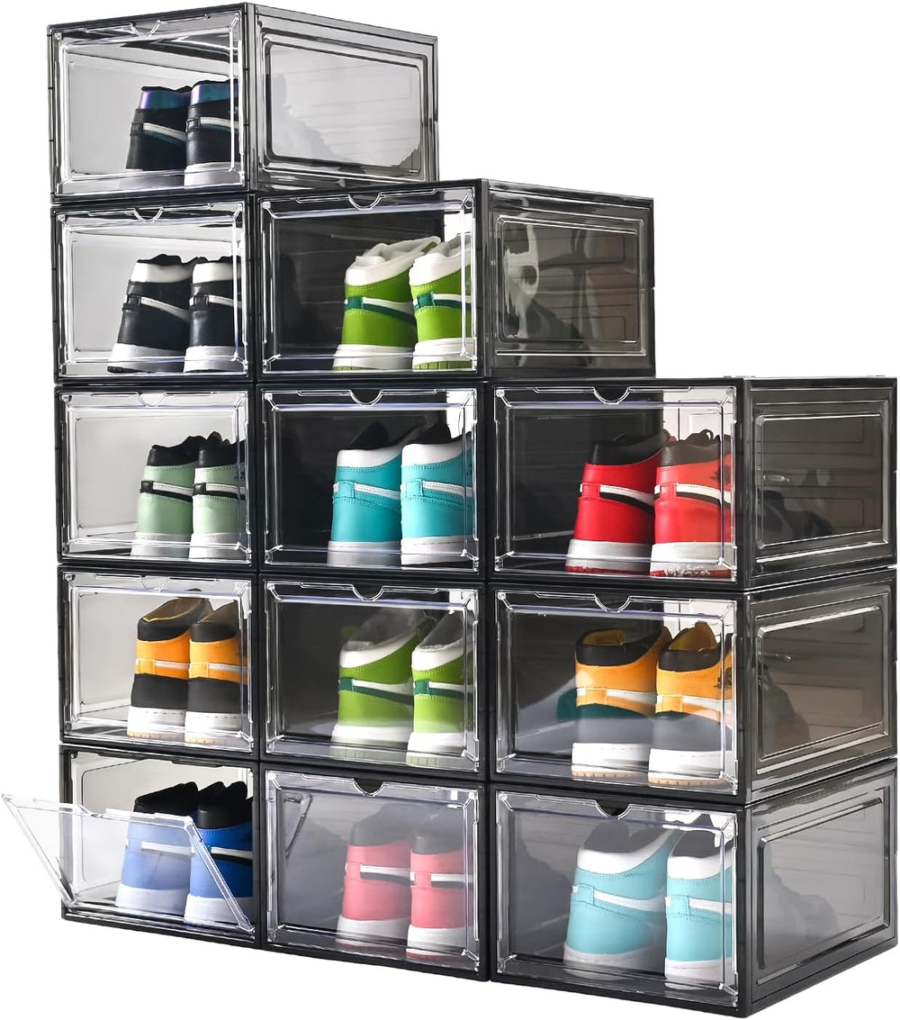 Large Shoe Boxes Clear Plastic Stackable，Drop Front Shoe Box with Clear Door,...