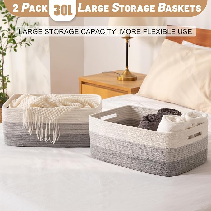 Large Storage Basket for Organizing, Woven Rope Basket for Shelves, Closet (3...