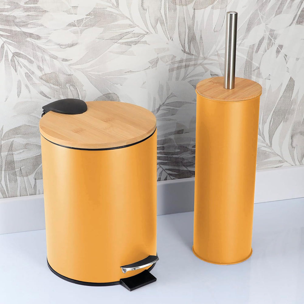 Mustard Yellow Bathroom Set w/Bamboo Lid, Metal Trash Can & Toilet Brush