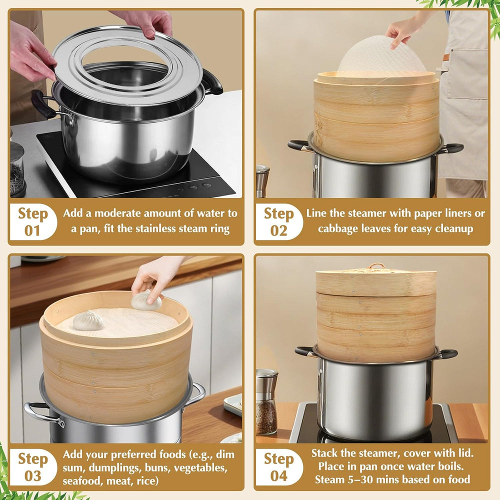Bamboo Steamer 2 Tier 10-Inch Steaming Basket, Bun Vegetable Steam, Dumpling ...