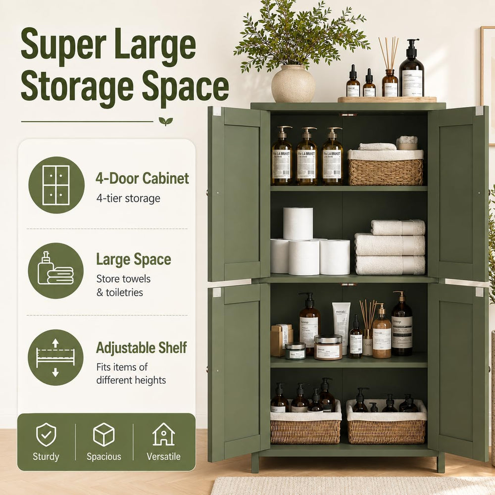 Nuturelly Bathroom Floor Storage Cabinet, 4 Doors, Anti-Tip, Pale Green