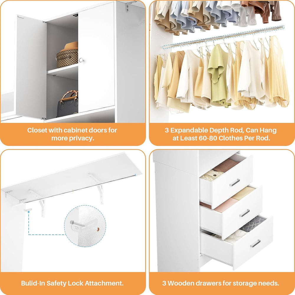 120 Inches Closet System With Doors, 10FT Walk In Closet Organizer with 3 She...