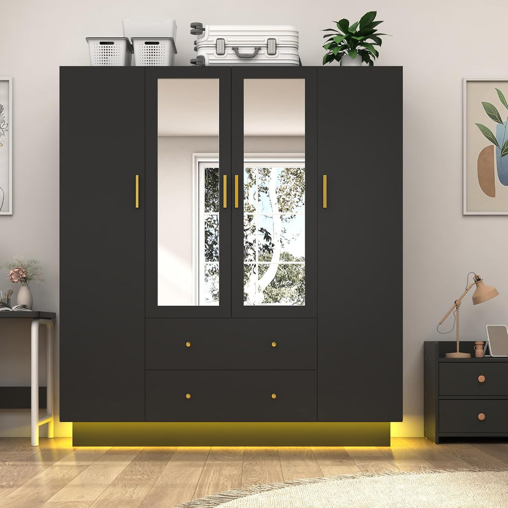 jiteentarou 4 Door Wardrobe Closet with Mirrors and LED Lights, Bedroom Armoi...