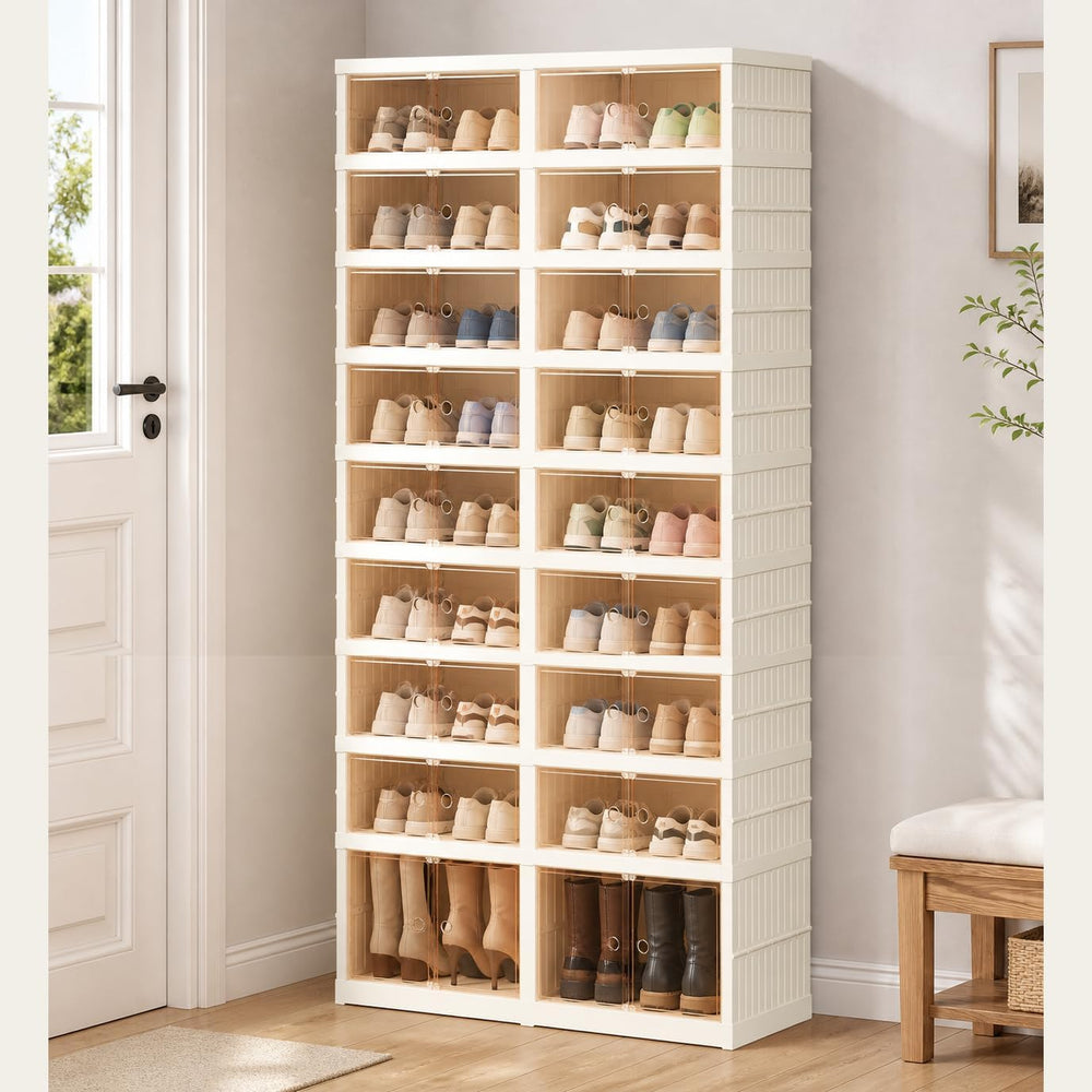Extra Wide Foldable Shoe Rack with Clear Doors, 9-Tier Shoe Organizer