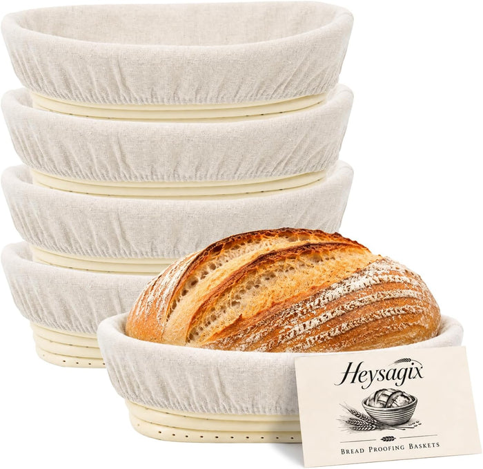 10 in Banneton Bread Proofing Basket, 5 Pack Oval Sourdough Banneton Basket with Liners, Large Banneton Basket for Bread Proofing, Oval Banneton Basket for Homemade Sourdough