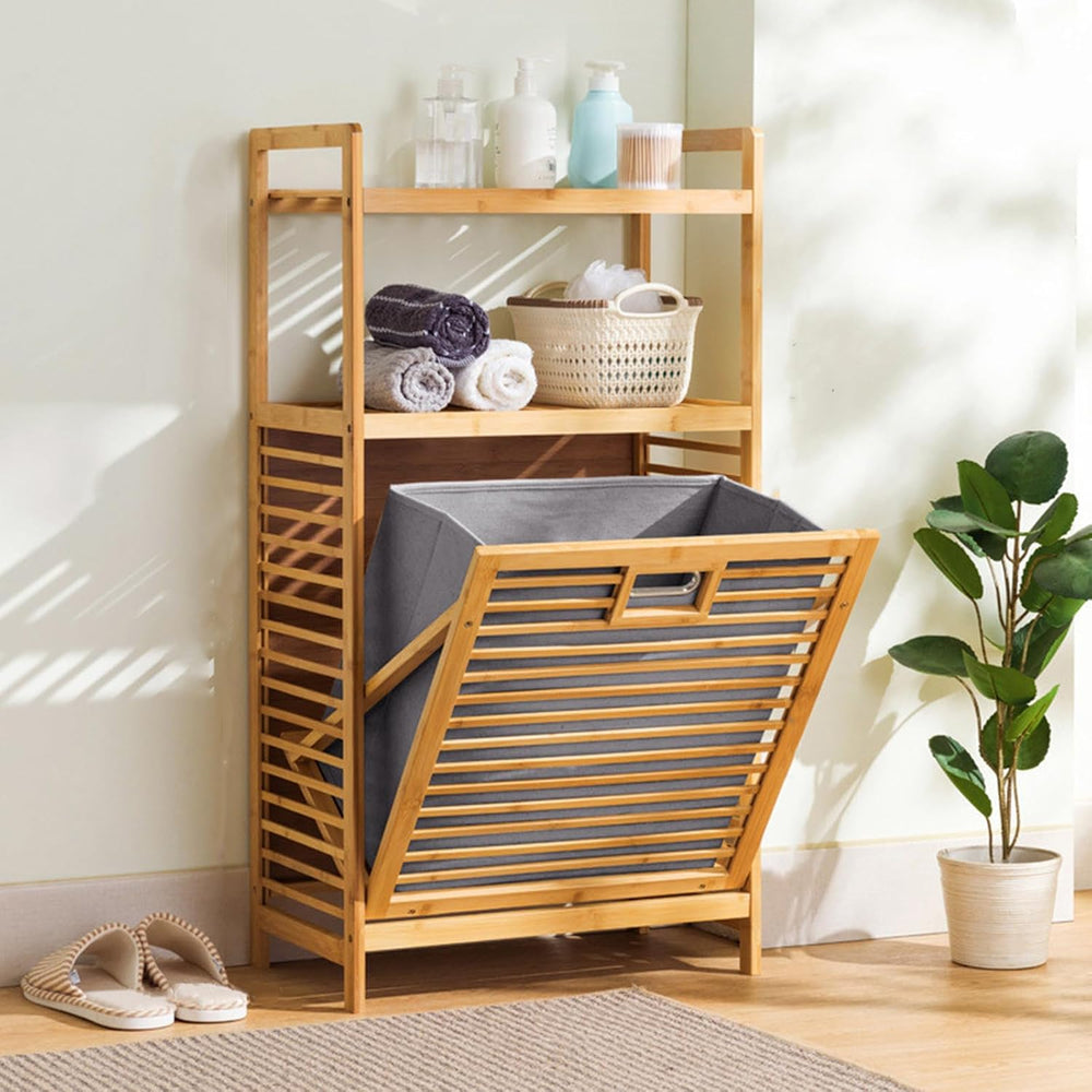 3-Tier Bamboo Tilt Out Laundry Basket,Floor Standing Laundry Hamper with Remo...