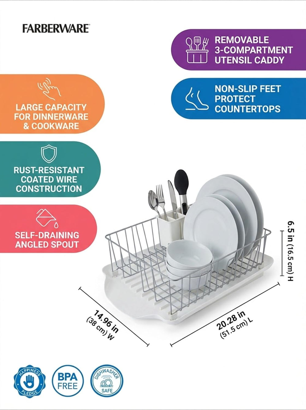 Farberware Classic Large Rust Resistant Full Dishrack with Removable 3 Compar...