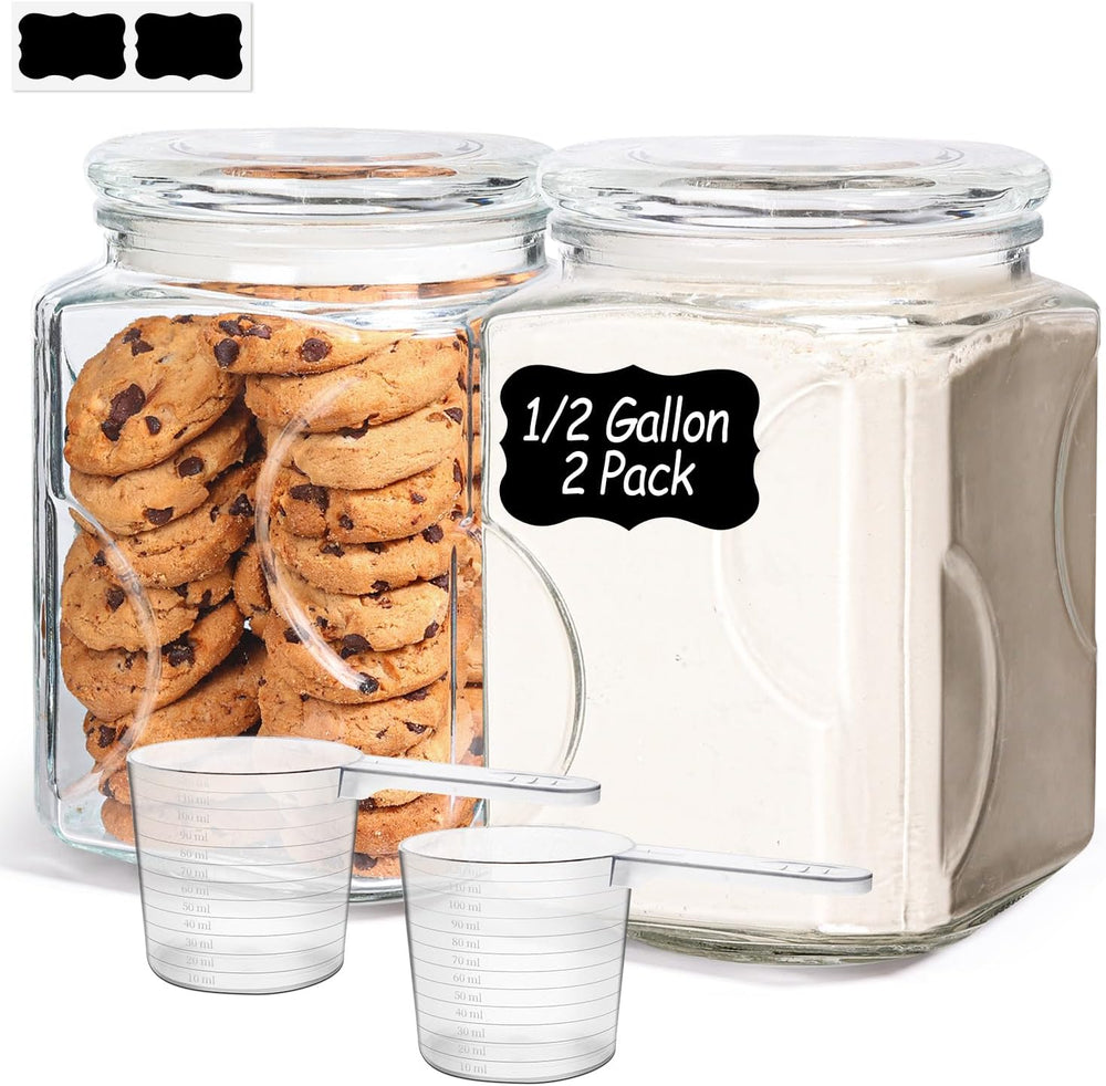 ComSaf Half Gallon Square Glass Pantry Jars with Lids 2 Pack Wide Mouth