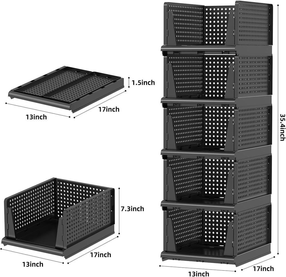 Folding Closet Organizer and Storage for Shelves, 5 Pack Stackable Plastic St...