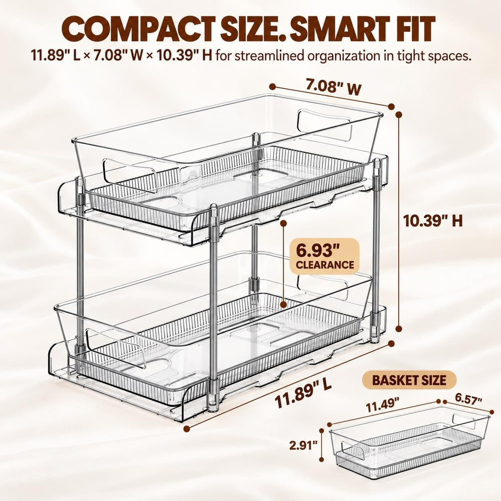 4 Pack Pull Out Bathroom Under Sink Organizer, Clear 2-Tier Cabinet Storage