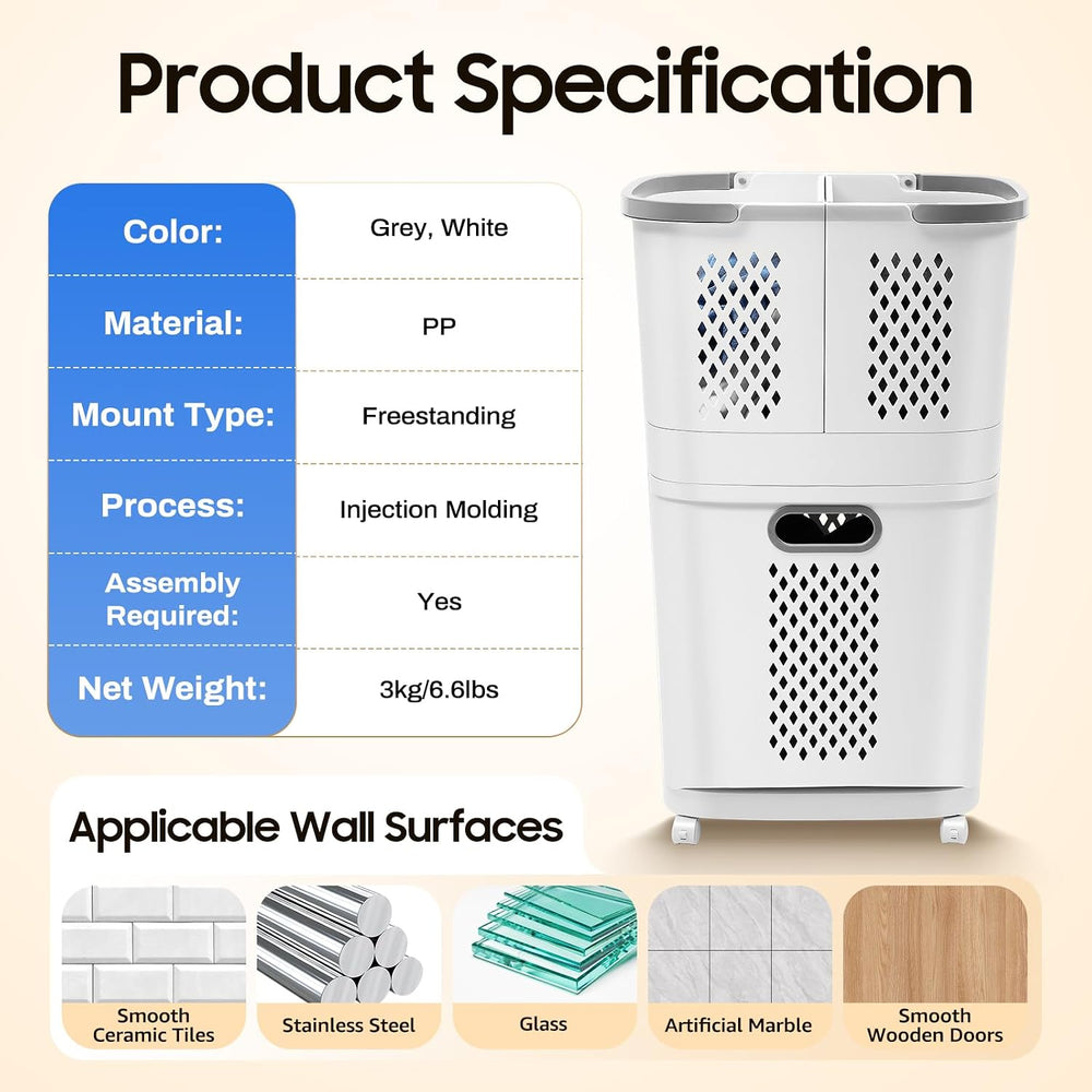 2 Tier Plastic Laundry Hamper, Removable Household Bathroom Clothes Storage B...