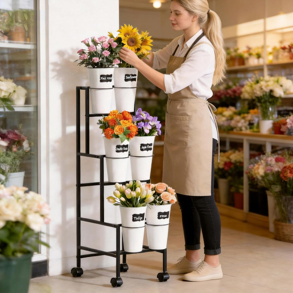Flower Display Stand with 6 Buckets, Flower Cart with Wheels, 3 Layers Metal ...