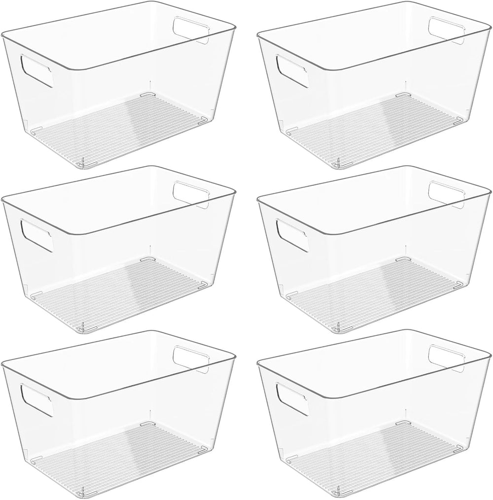 6 Pack Clear Plastic Storage Bins with Handles, 11" Pantry Organizers, B...