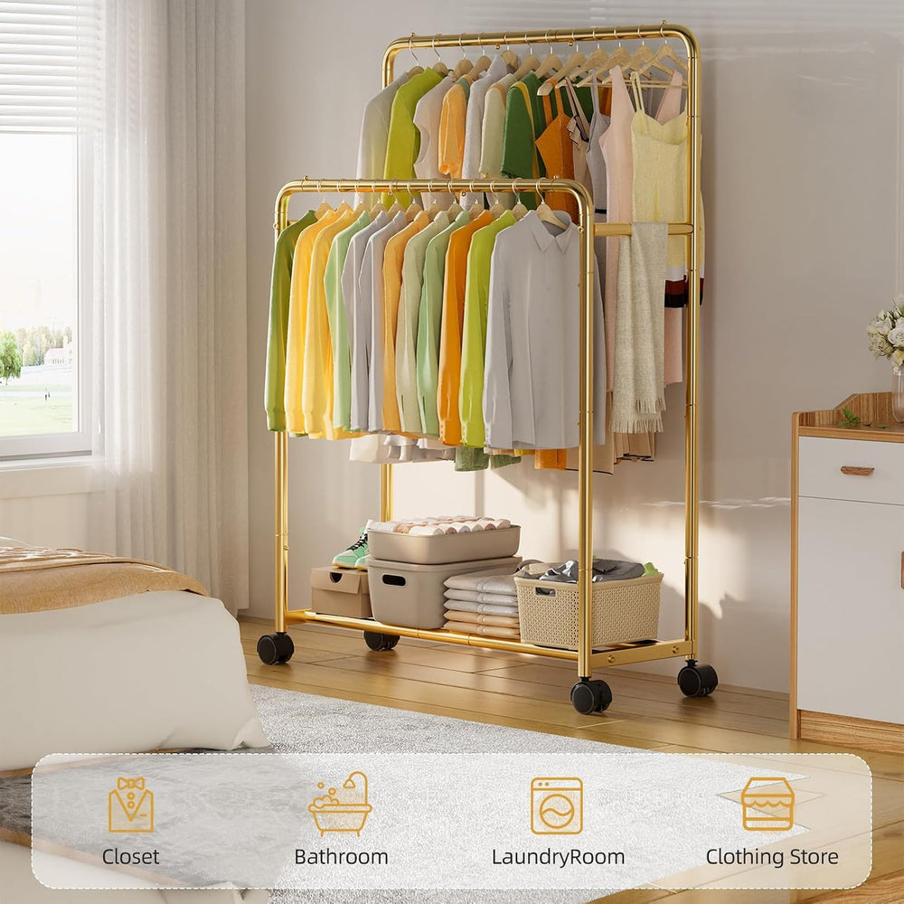 Simple Trending Clothing Clothes Rack Double Rods with Wheels, Rolling Metal ...