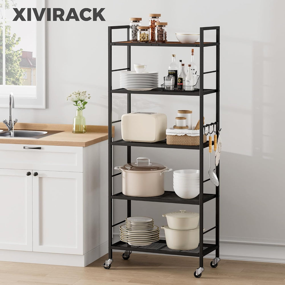 5-Tier Metal Storage Rack with Industrial Wheels,Mesh Shelving Unit with Wood...