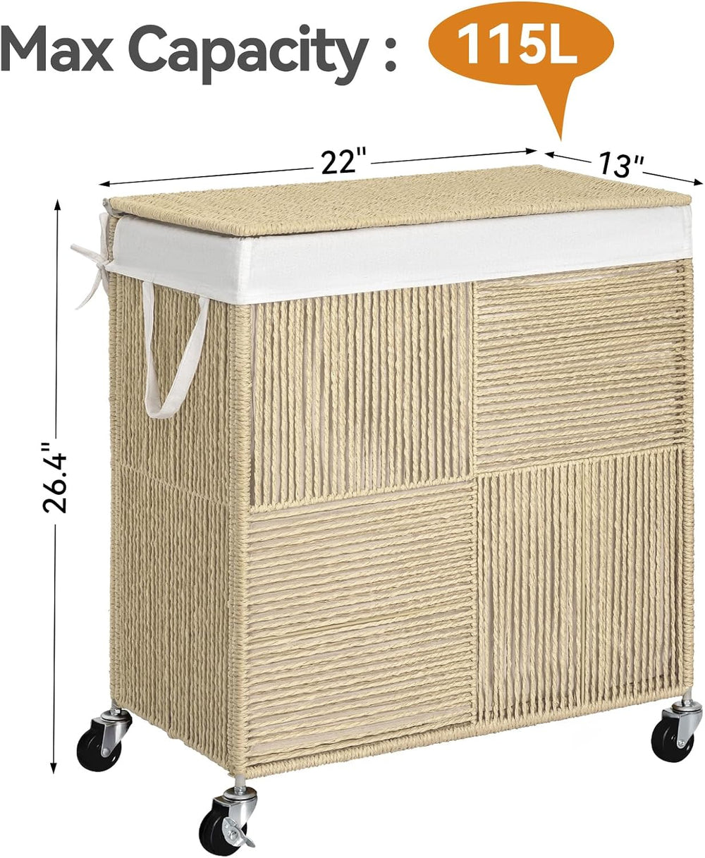 WOWLIVE Double Laundry Hamper with Wheels, Handwoven Rolling Laundry Basket