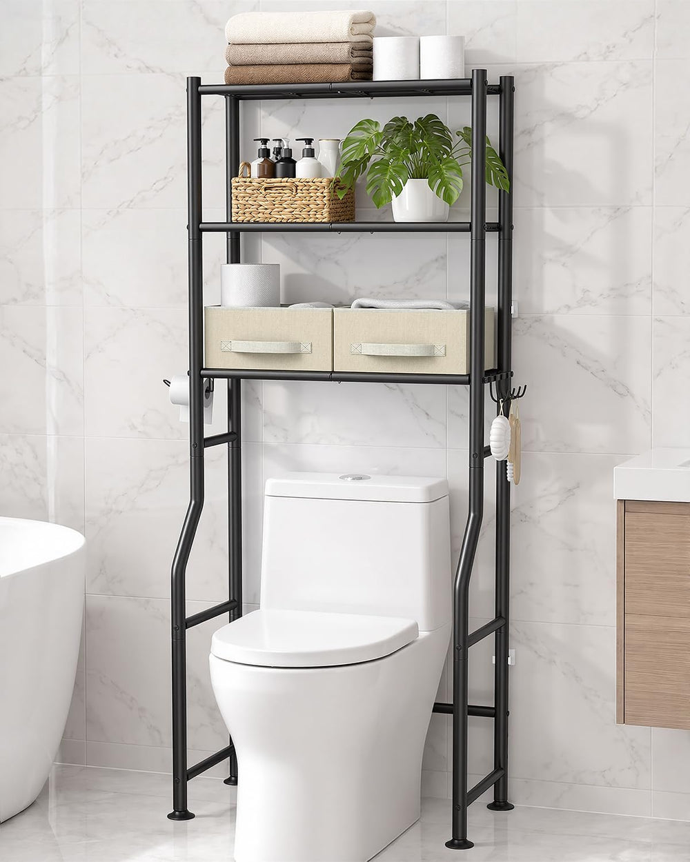 3-Tier Over Toilet Storage Cabinet, 64" H, Black, 2 Baskets