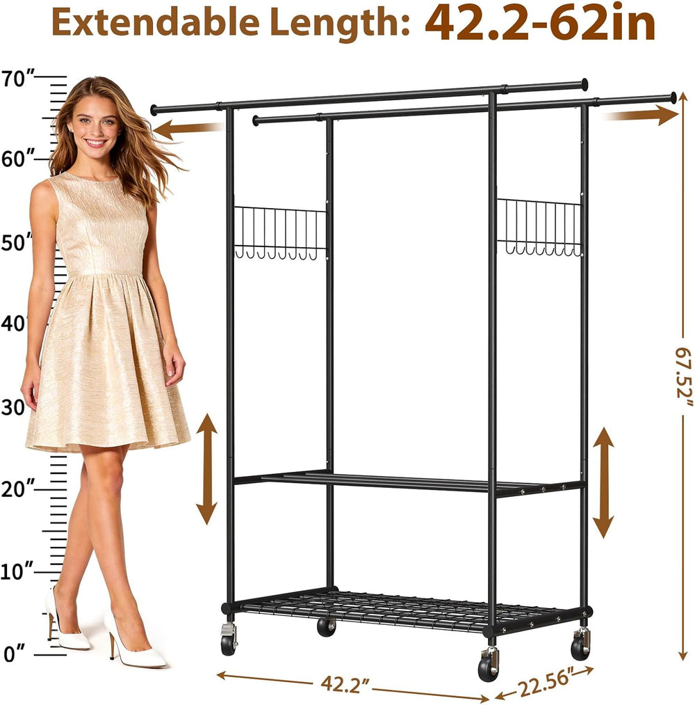 Double Rods Clothes Rack with Wheels, Heavy Duty Rolling Clothing Rack with S...