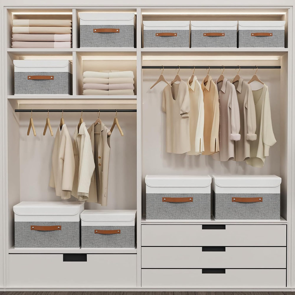 Yawinhe Fabric Storage Boxes with Lids,White/Grey,15.0x9.8x9.8in,7-Pack