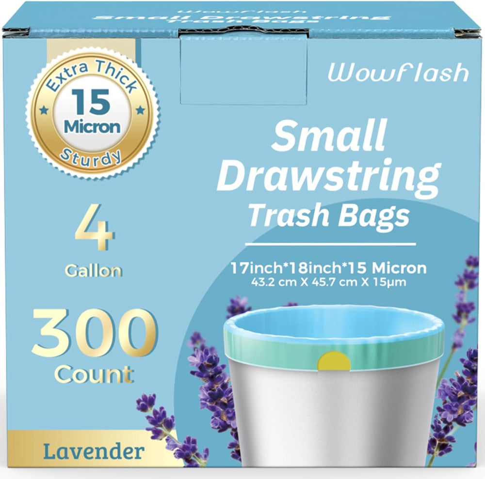 300 Count 15 Micron Extra Thick 4 Gallon Drawstring Small Trash Bags