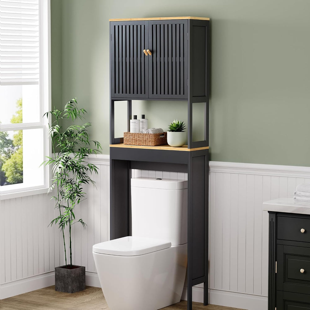 24" x 70" Over-the-Toilet Storage Cabinet with Bamboo Doors, Black