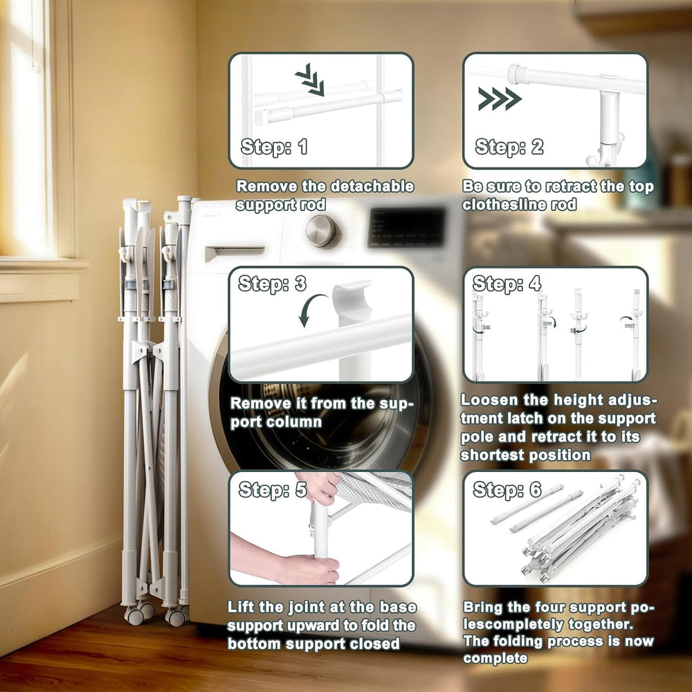 Foldable Collapsible Rolling Clothes Drying Rack,Adjustable Double Rods Laund...