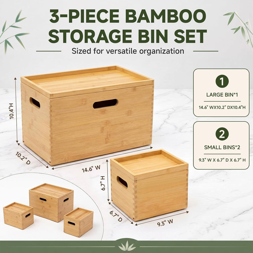 Sintuff 3 Pcs Stackable Bamboo Storage Box with Lid and Handle - Large 14.6&q...